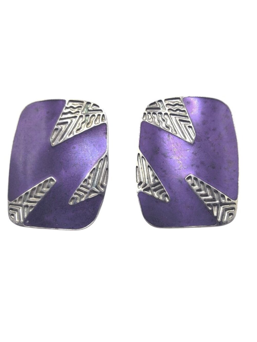 Purple Silver Earrings Abstract Tropical Leaf Geometric